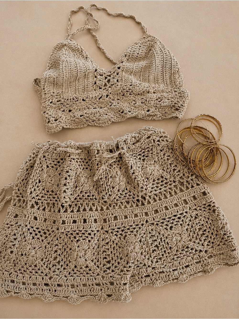 Handcrafted Crochet Halter Top and Shorts Set in Natural Tan - Picture 5 of 5